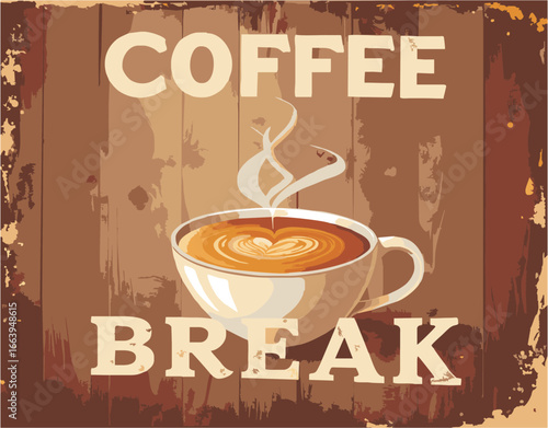 Retro Coffee Poster Coffee Break
Retro vintage poster featuring a coffee cup with latte art, text “Coffee Time”, dark brown and cream colors, distressed wood texture background, classic grunge effect