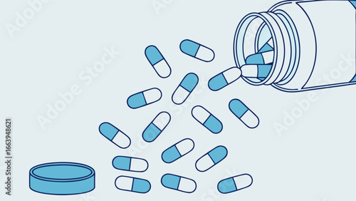 Pharmaceutical pills spilling out of a bottle
