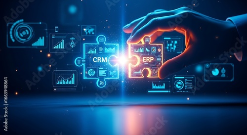 System integration concept. A hand joins two puzzle pieces representing different software (e.g., CRM, ERP), which glow upon connection.