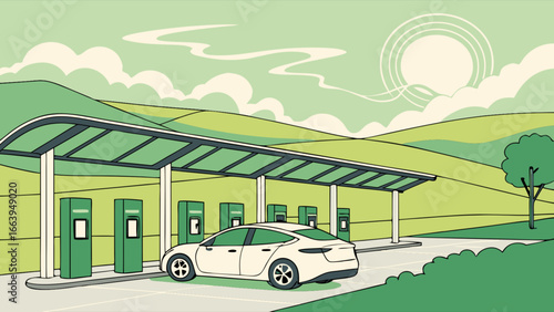 Electric car charging station in a scenic countryside landscape