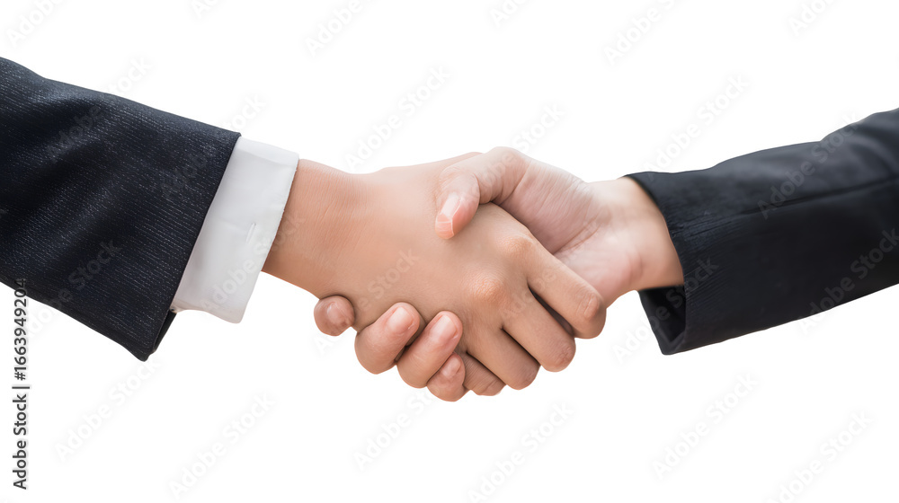 Business handshake between two people wearing dark suits and white shirts. Business handshake between two people wearing dark suits and white shirts.