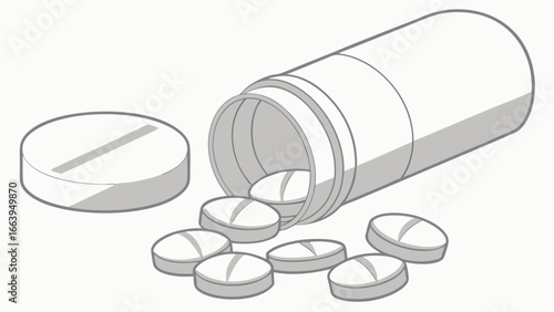 Medicine bottle with pills spilled out on a white background
