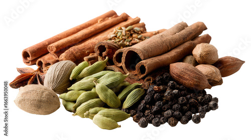 An assortment of aromatic spices displayed against a white isolated background. © CStock
