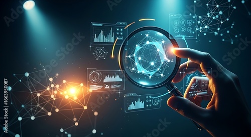 Research and Development (R&D) concept. A hand examines a holographic molecule with a digital magnifying glass, symbolizing scientific discovery.