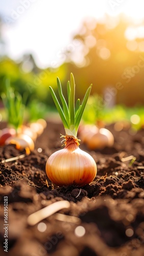 Freshly planted onions in a garden bed