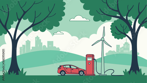 Electric car charging with wind turbine power in a green city