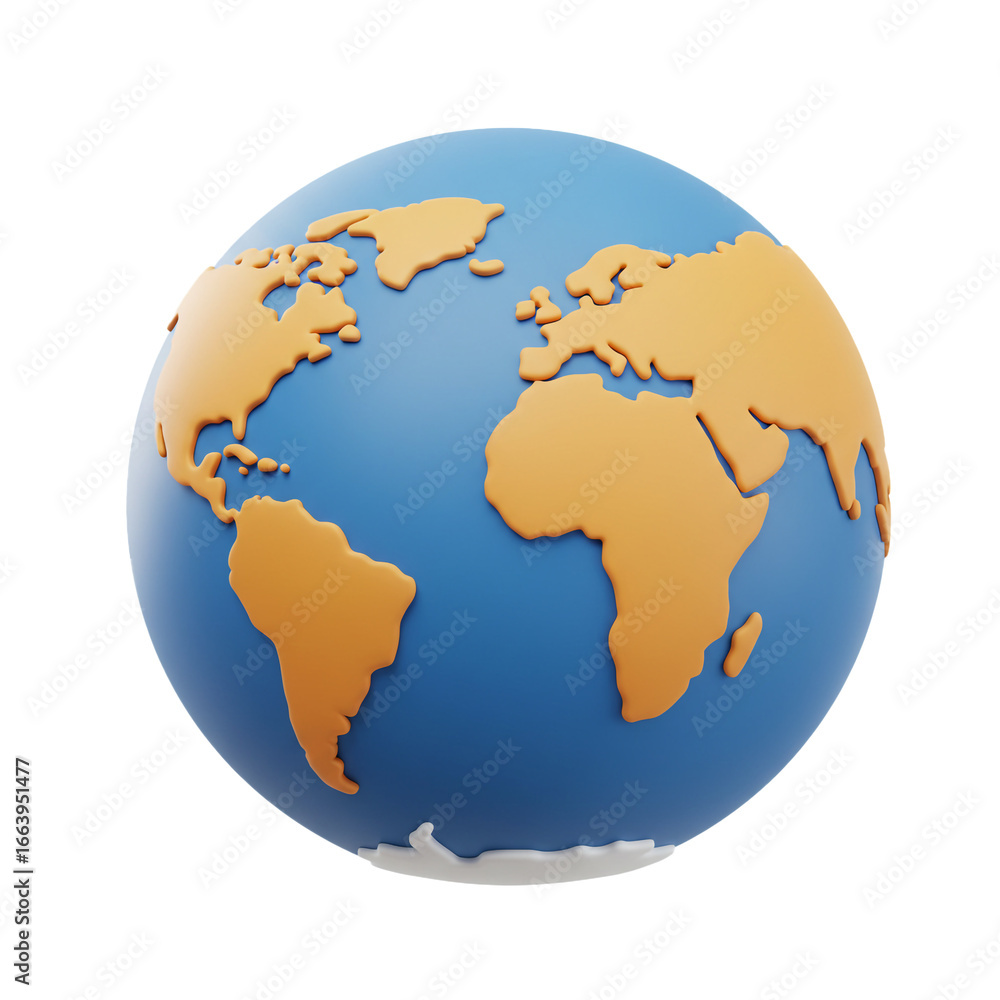 Naklejka premium A vibrant illustration of a spherical representation of the world, showcasing continents in a warm hue against a cool, blue backdrop, evoking global unity.