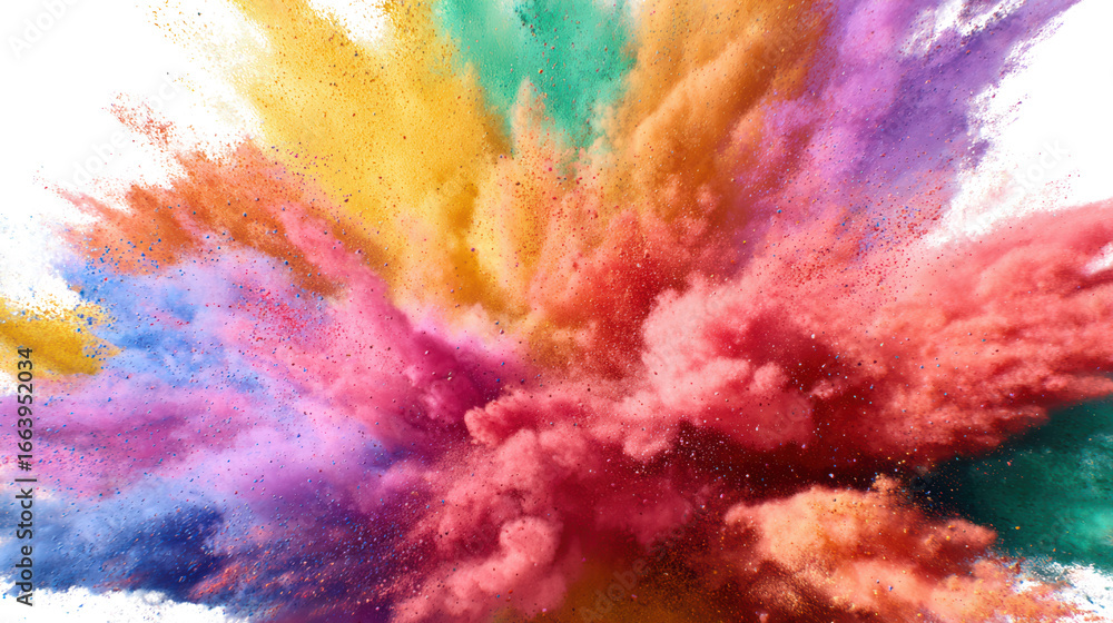 Fototapeta premium Colorful explosion of powder in vibrant shades, isolated on white background.