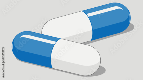 Two Blue and White Capsules Medical Pills, Healthcare and Medicine Concept Illustration