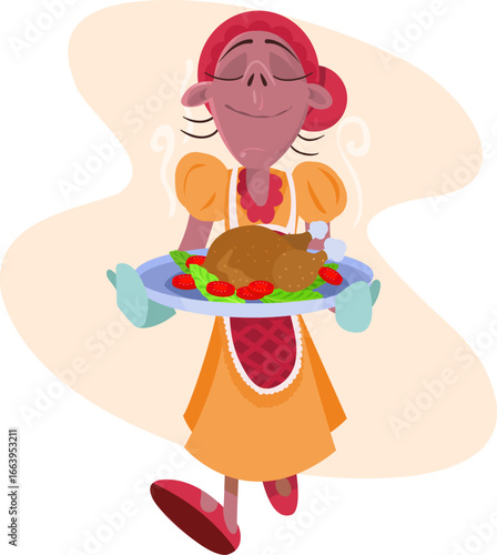 Cozinheira feliz servindo frango assado com legumes