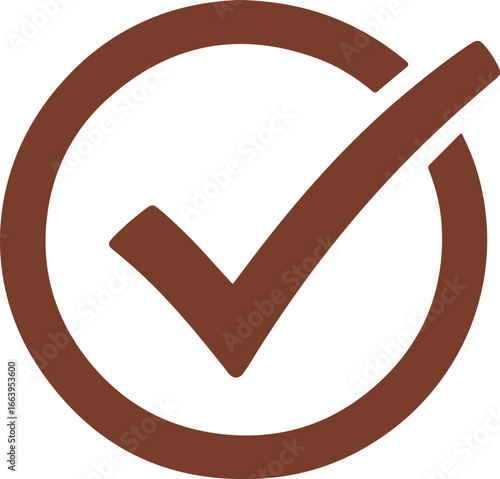 Brown check mark inside circle icon symbolizing approval, confirmation and success vector illustration on white background