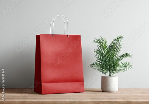 Red paper shopping bag on a wooden surface with a potted plant