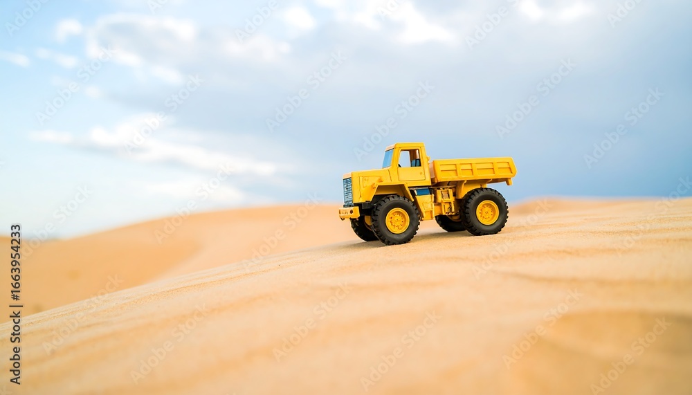 Obraz premium A small, bright yellow dump truck sits on a gentle slope of light beige sand dunes against a pale sky.