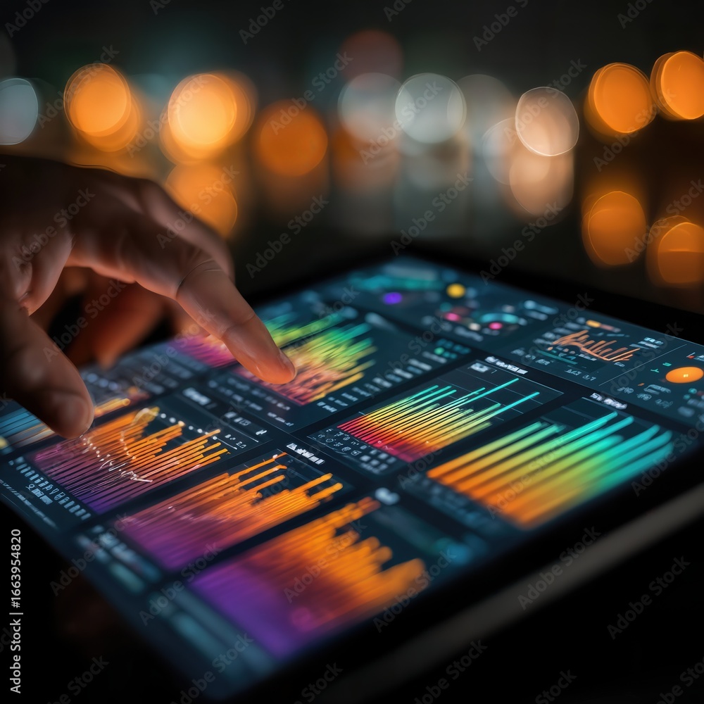 Obraz premium A person's hand interacting with a tablet screen displaying data visualizations. Colorful charts and graphs illustrate data analysis, technology and business intelligence