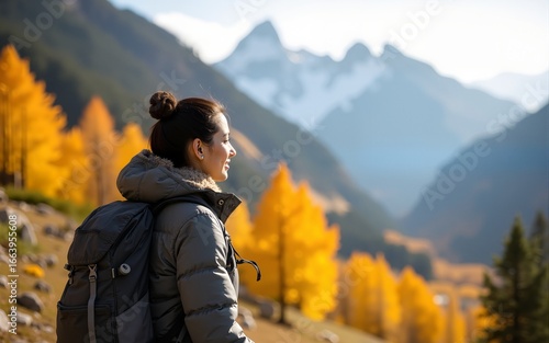 Korean woman hiking in the Swiss Alps, surrounded by golden autumn trees, [outdoor adventure], [seasonal exploration]. High quality
