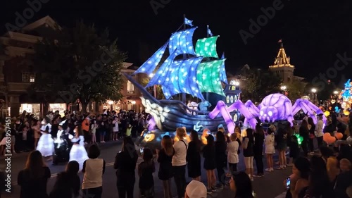 Enchanting night parade with creatively illuminated floats, featuring a spectacular glowing ship moving through a bustling street filled with captivated spectators
