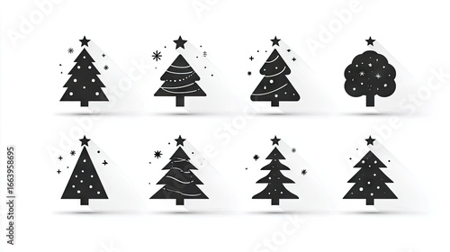 Collection of christmas tree silhouettes with decorative elements.