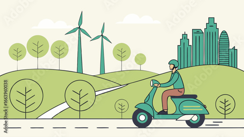 Sustainable Commuting Eco-Friendly Scooter Ride Through a Green Cityscape