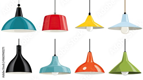 Collection of colorful pendant lights.