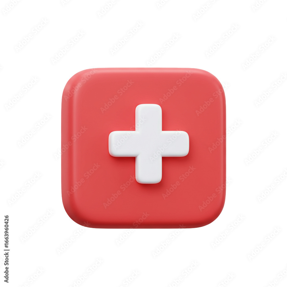 Fototapeta premium A vibrant, three-dimensional rendering showcases a red square with rounded corners, prominently featuring a white cross at its center, symbolizing addition and positivity.