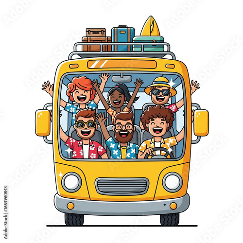illustration of friends boarding a bus to travel cheerfully, isolated in white