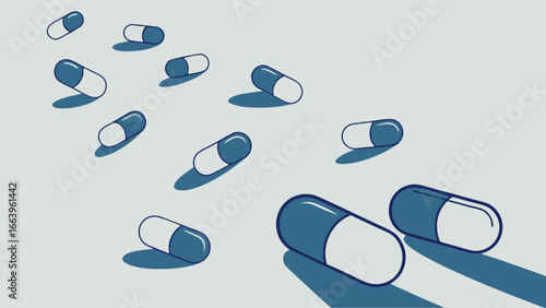Illustration of scattered medical capsules with blue and white colors