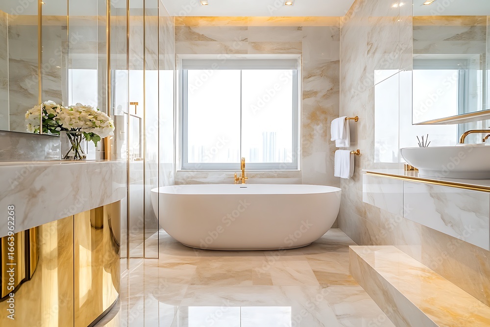 Fototapeta premium Elegant modern bathroom retreat featuring luxurious marble, gold accents, and a freestanding soaking tub with city views