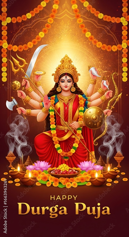 Fototapeta premium Goddess durga seated majestically with multiple arms holding weapons celebrating durga puja festival