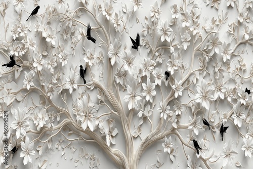 Ornamental tree with flowers and birds in a light beige tone.