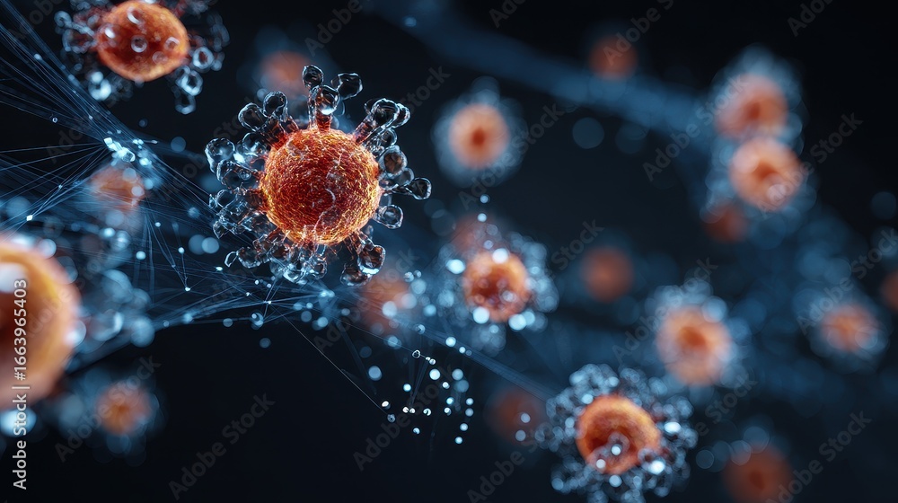 Obraz premium Viral particles, floating in futuristic digital network, 3D illustration.