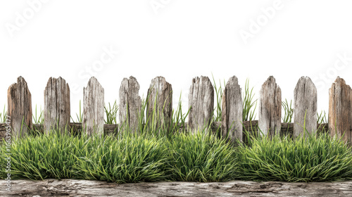 Wooden fence with grassy plants underneath, white isolated background.