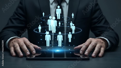 Businessman Managing Global Team with Digital Interface