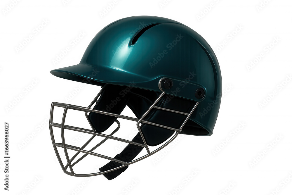 Fototapeta premium Protective cricket helmet featuring full face guard, safeguarding player during intense match