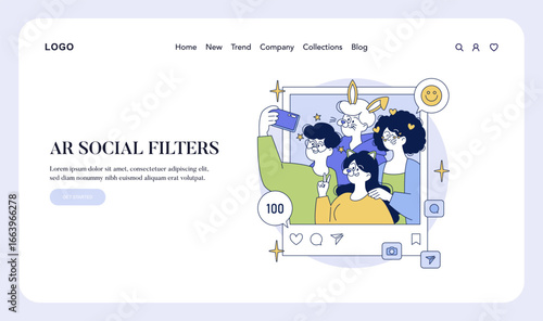 Group Selfie with AR Social Media Filters Vector Illustration
