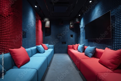 Modern soundproof room with comfortable seating.