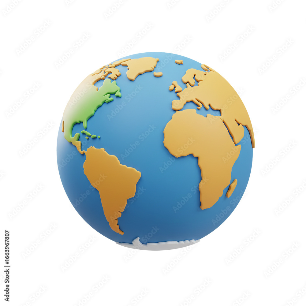 Naklejka premium A vibrant, three-dimensional illustration of the Earth, showcasing continents in warm hues against a vast, cerulean ocean, perfect for global concepts.