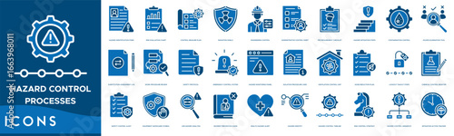 Hazard Control Processes icon set. Hazard Identification Form, Risk Evaluation Chart, Control Measure Plan, Radiation Shield, Engineering Control and Administrative Control Sheet