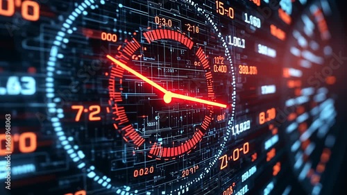 Digital interface with central circular gauge moving red hand glowing lines changing numbers of data points for real time data processing financial analytics global business concept