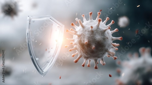 Shielding Against Contagion: An artistic rendering captures a conceptual visualization of immune defense, depicting a protective shield fending off a menacing virus in a captivating.