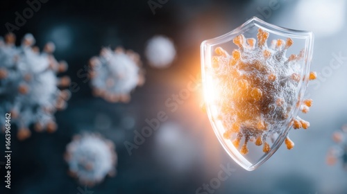 Microbe Shield: A striking artistic representation of a virus encapsulated within a protective shield, conveying the concept of defense and immunity against disease.