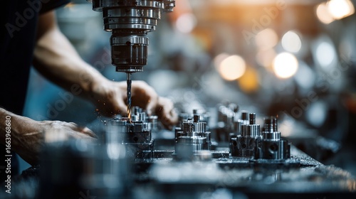 Skilled worker assembling precision machinery parts in modern factory, industrial manufacturing process, engineering and mechanical technology concept.
