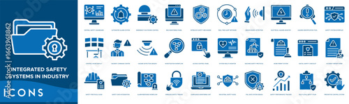 Integrated Safety Systems in Industry icon set. Central Safety Dashboard, Automated Alarm System, Emergency Shutdown Control, Risk Monitoring Panel, Interlock Safety Mechanism and Real Time Alert