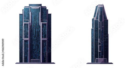 Two detailed illustrations of a futuristic skyscraper, showcasing its front and side views with intricate, glowing blue circuit patterns.