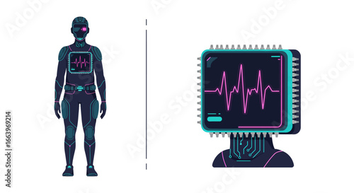 Futuristic cyborg and computer monitor displaying a heartbeat.