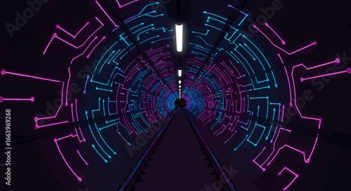 A futuristic tunnel illuminated by vibrant neon circuit board patterns, leading into a dark, mysterious abyss.