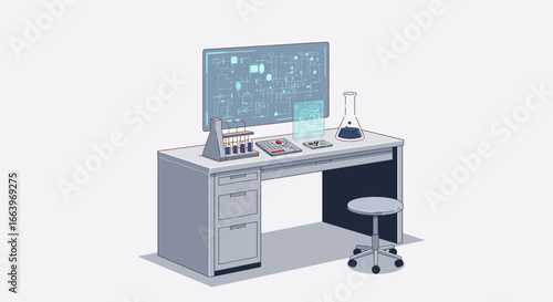A modern laboratory desk with advanced scientific equipment, a computer displaying data, and a beaker, suggesting research and discovery.