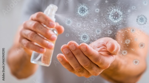 Hand Disinfectant: The focus on the essential act of sanitizing hands with a spray bottle to combat harmful microorganism.
