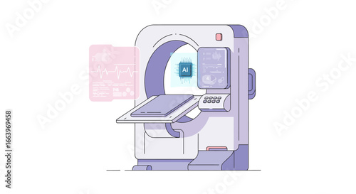 Illustration of a CT scanner with a digital interface, showcasing medical technology and healthcare.