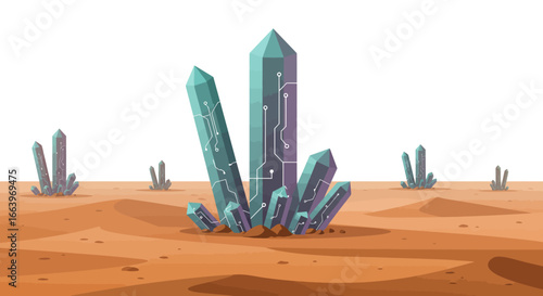 Stylized illustration of digital crystals emerging from a desert landscape, with circuit patterns.
