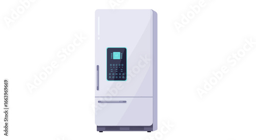 A sleek, modern white refrigerator featuring a digital control panel and an integrated water dispenser.
